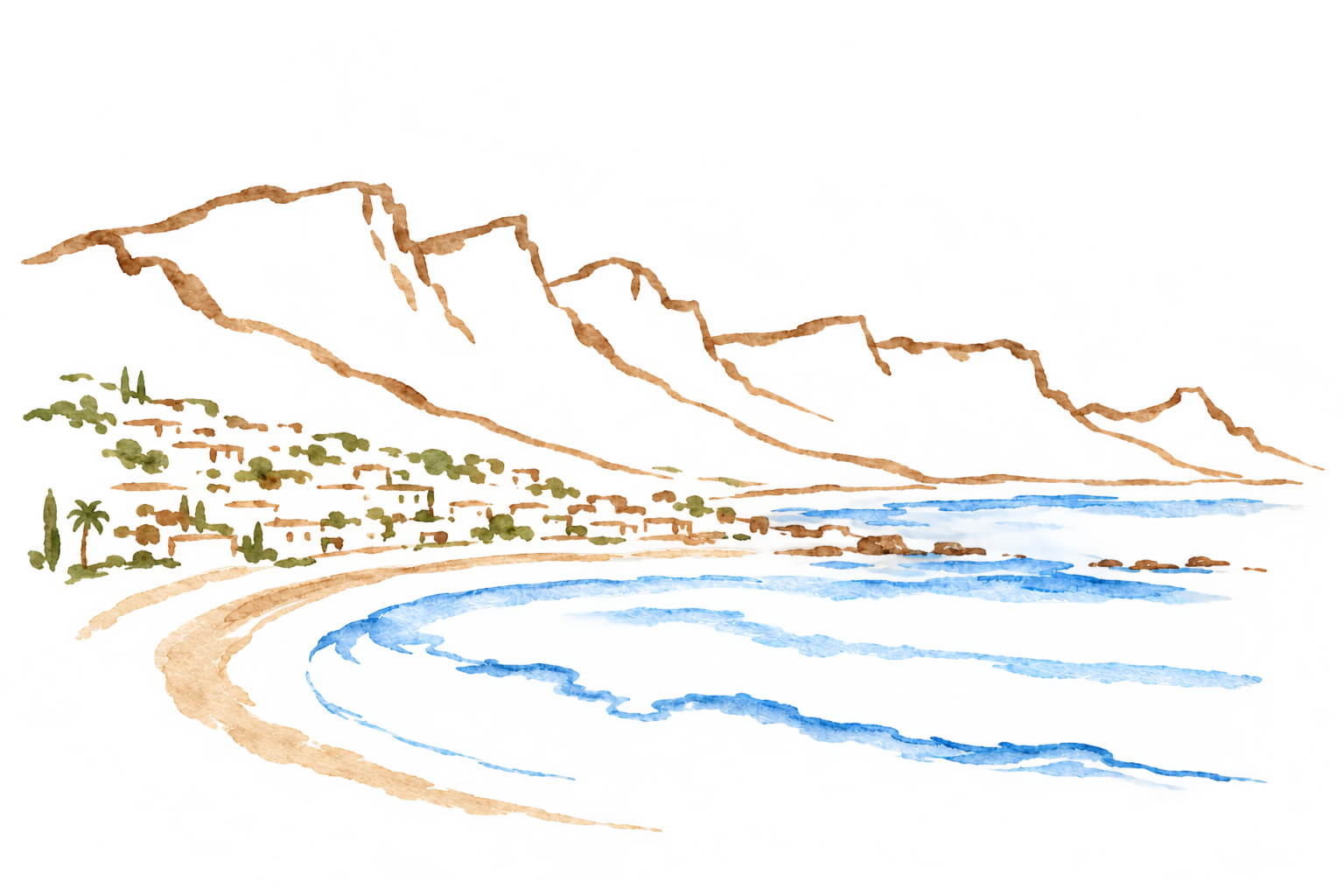 Watercolour of Camps Bay, its mountains, seaside houses and blue waves